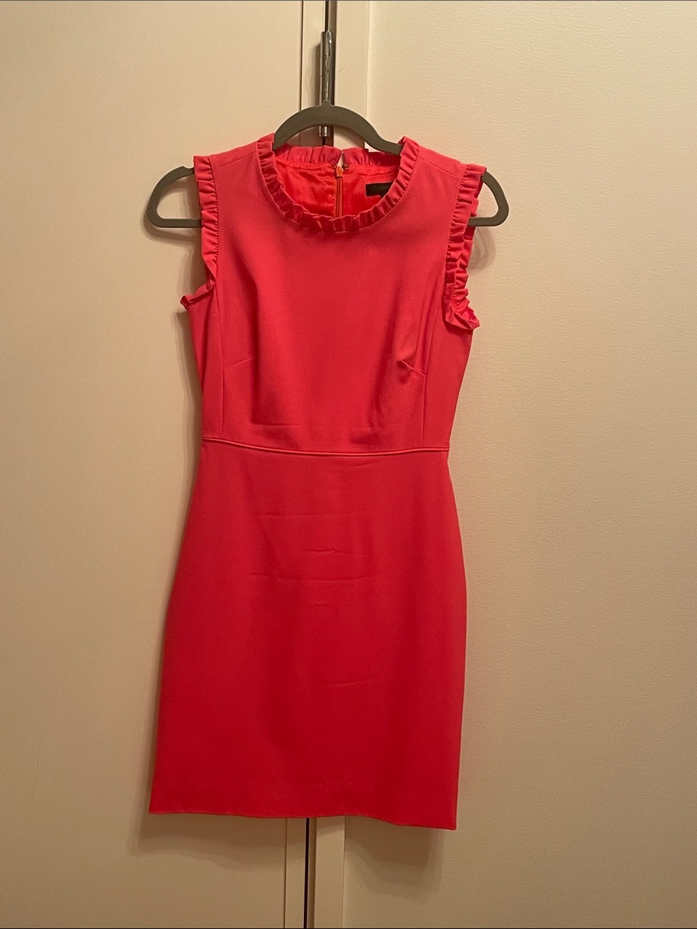 J. Crew Bright Coral Ruffle-Neck Mini Sheath Dress
